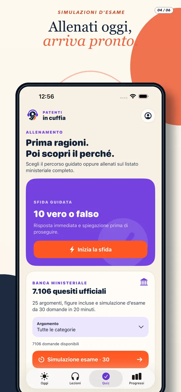 Schermata ufficiale Patenti in cuffia con un quiz di teoria e le opzioni di risposta