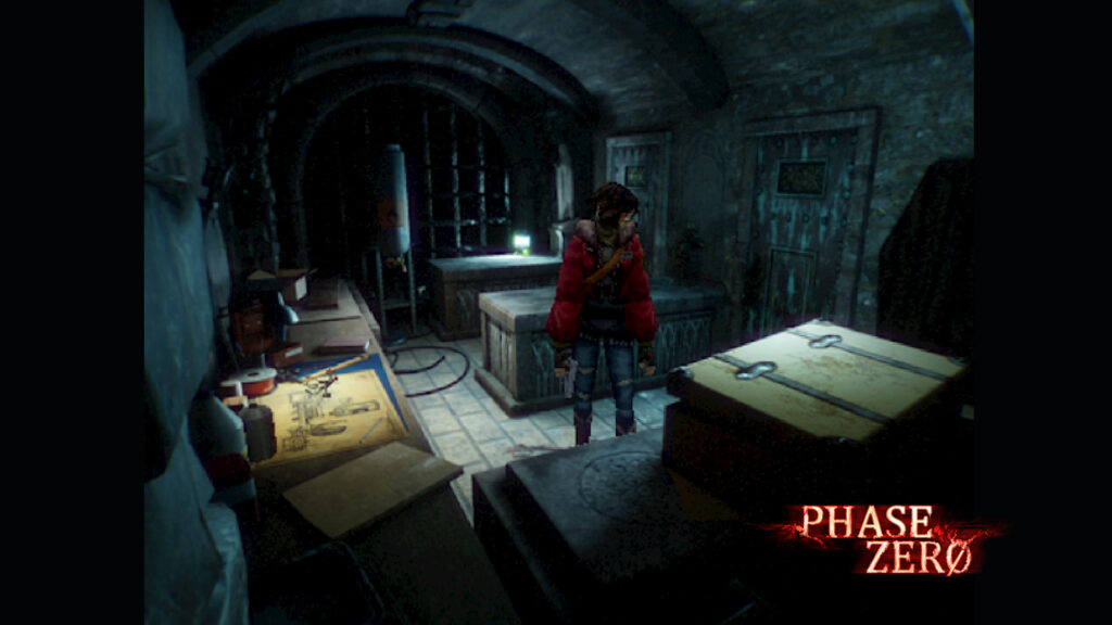 Screenshot ufficiale di Phase Zero un personaggio esplora un ambiente buio con telecamera fissa