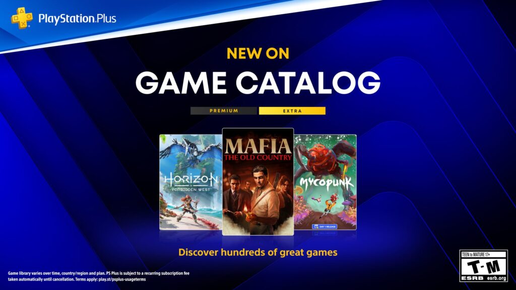 Grafica PlayStation Plus Game Catalog con le copertine di Horizon Forbidden West Mafia The Old Country e Mycopunk