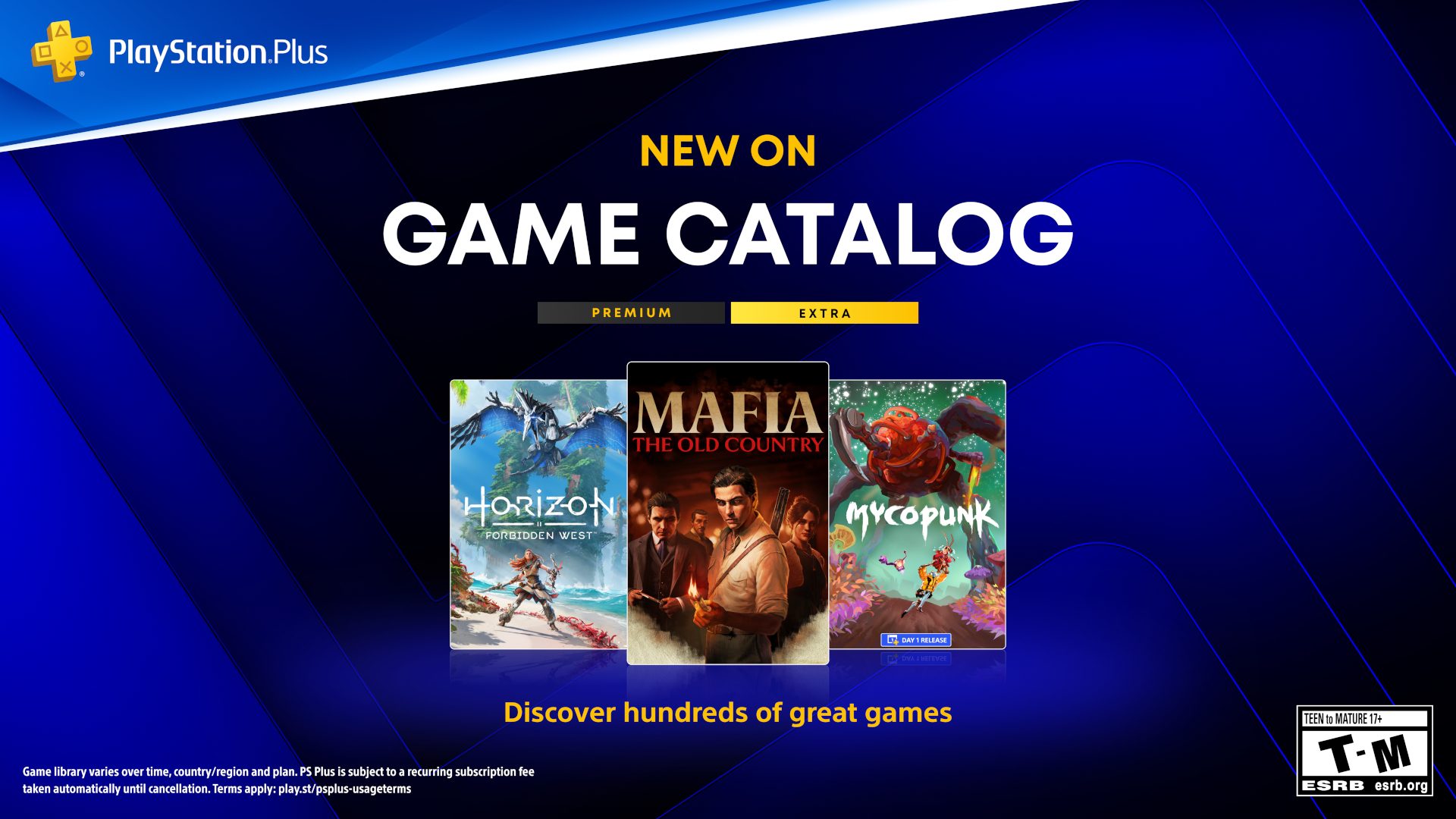 PlayStation Plus di ottobre tre modi diversi di spendere il proprio tempo Gamescafe Grafica PlayStation Plus Game Catalog con le copertine di Horizon Forbidden West Mafia The Old Country e Mycopunk