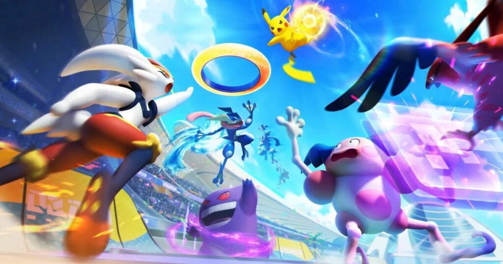 Schermata di Pokémon Unite con un gruppo di Pokémon in battaglia su unarena