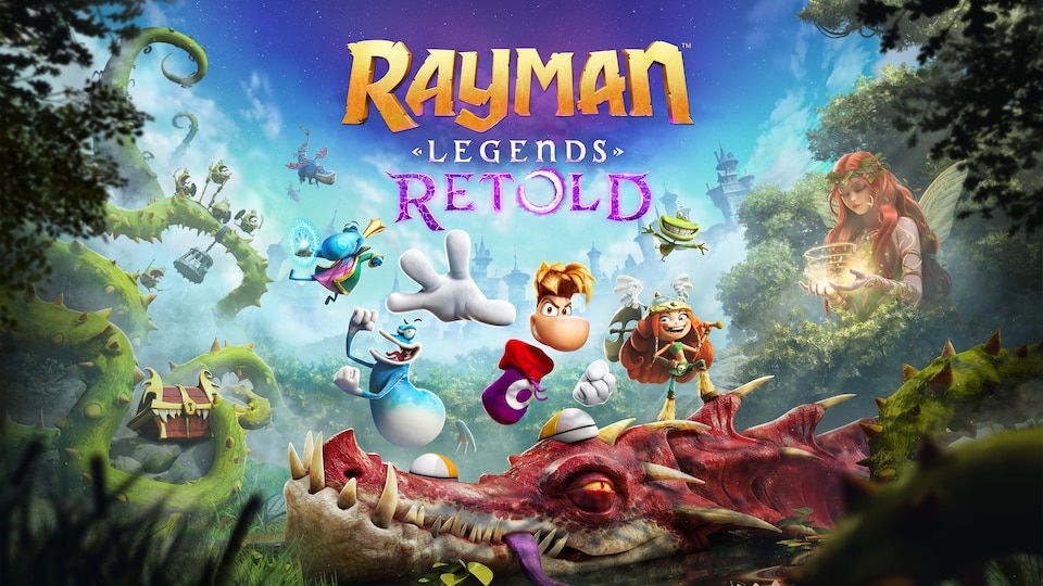 Key art ufficiale di Rayman Legends Retold con Rayman Globox Barbara e altri personaggi davanti a un drago