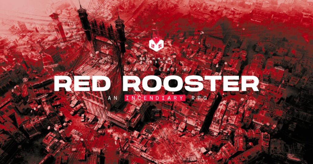 Artwork ufficiale di Red Rooster veduta rossa e nera di Arta Tantor con il logo del gioco