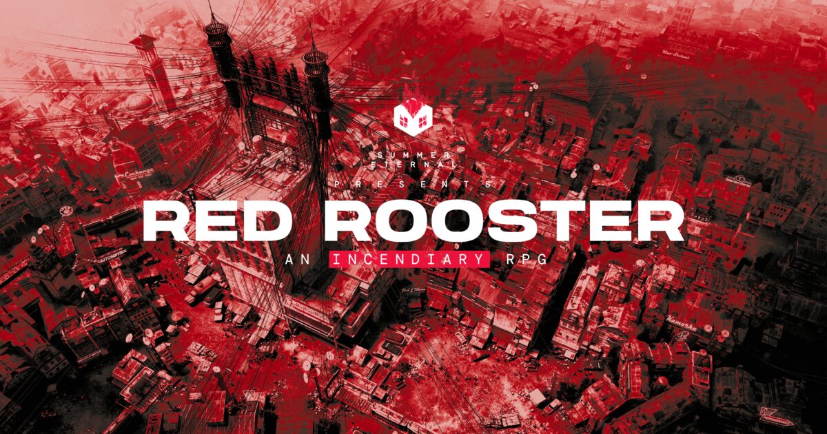 Red Rooster artwork ufficiale ArtaTantor Gamescafe Artwork ufficiale di Red Rooster veduta rossa e nera di Arta Tantor con il logo del gioco
