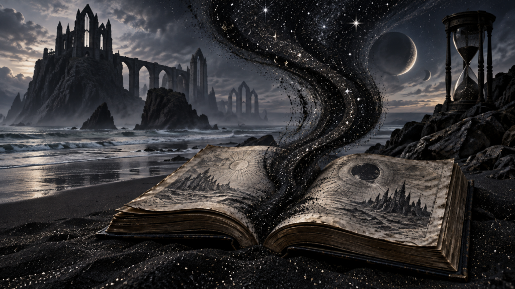Libro aperto su una spiaggia scura da cui si alza un vortice di stelle illustrazione editoriale
