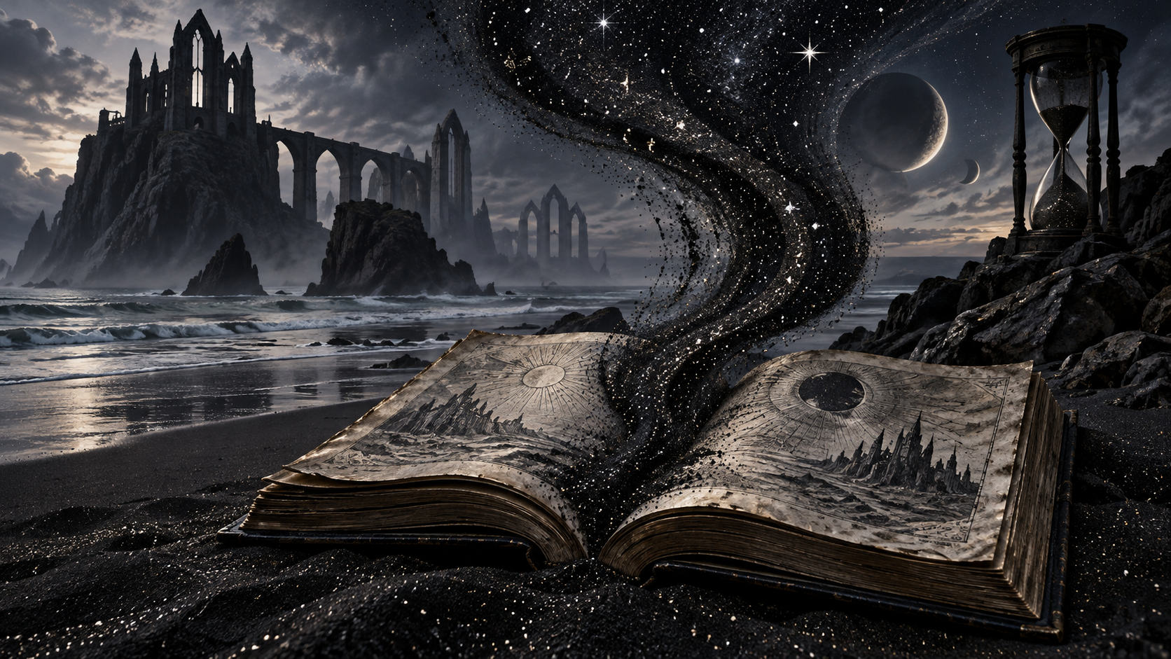 Libro aperto su una spiaggia scura da cui si alza un vortice di stelle illustrazione editoriale
