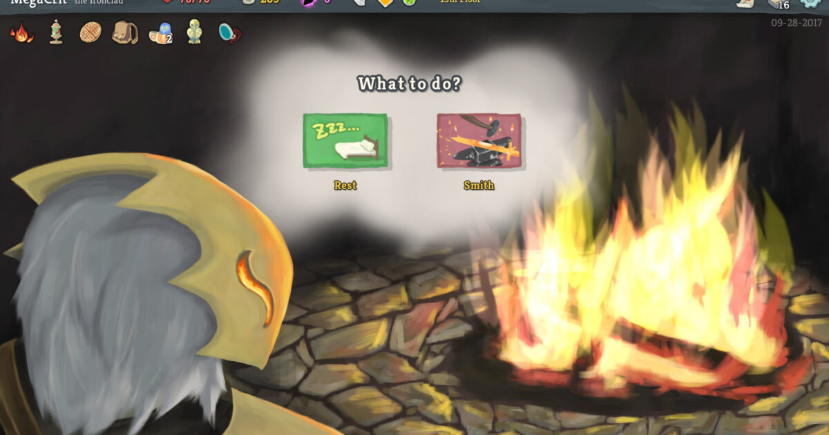 Slay the Spire scelta al falò Gamescafe Schermata di Slay the Spire al falò il Corazzato sceglie tra riposare e potenziare una carta