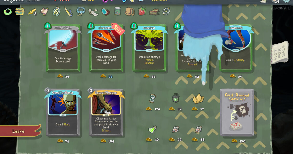 Slay the Spire Silente nel negozio Gamescafe Schermata di Slay the Spire il negozio della Silente mostra carte reliquie e rimozione delle carte