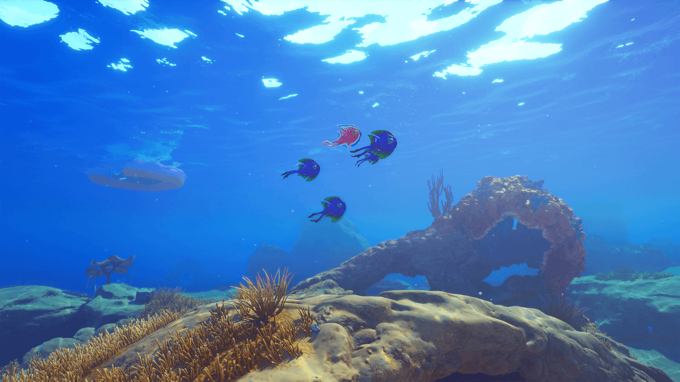 Subnautica 2 fondale marino Gamescafe Fondale di Subnautica 2 con pesci alieni colorati roccia ad arco e un piccolo sommergibile sullo sfondo