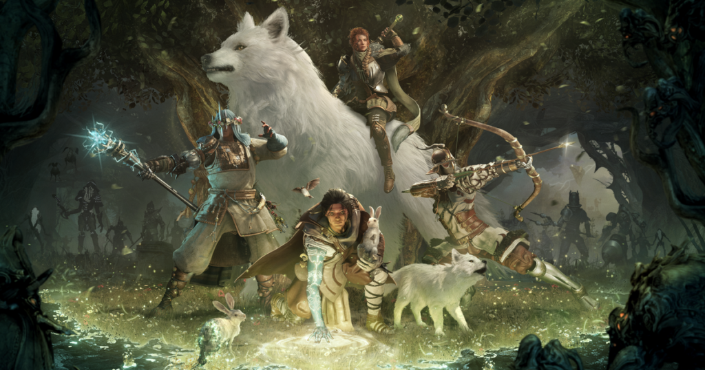 Schermata fantasy di Soulframe con un lupo Omen e un bosco fiabesco