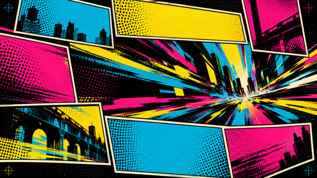 Tavole di fumetto astratte con retini colori fuori registro e movimento illustrazione editoriale