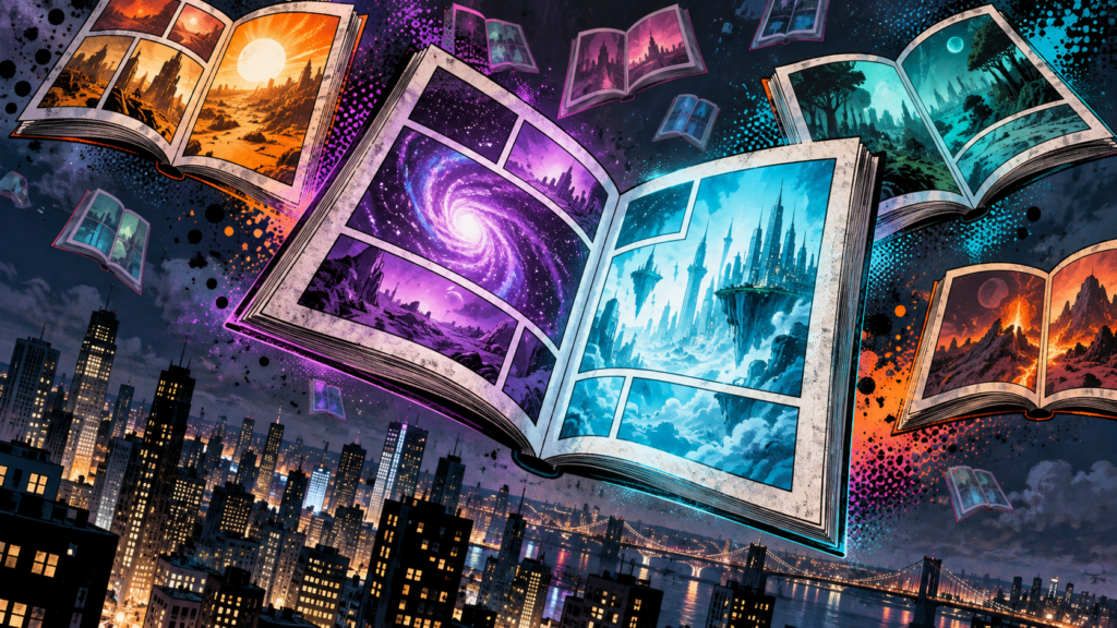 Fumetti aperti sospesi sopra una città con tavole colorate e portali astratti illustrazione editoriale
