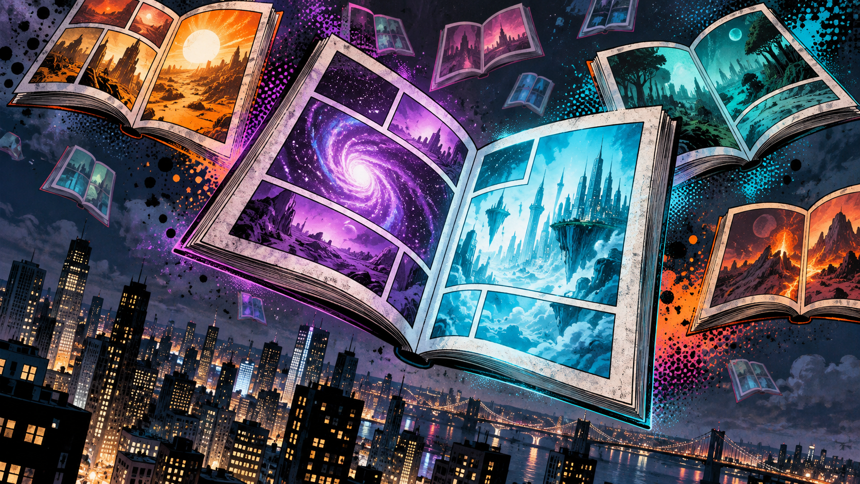 SpiderVerse percorso di lettura illustrazione editoriale Gamescafe Fumetti aperti sospesi sopra una città con tavole colorate e portali astratti illustrazione editoriale