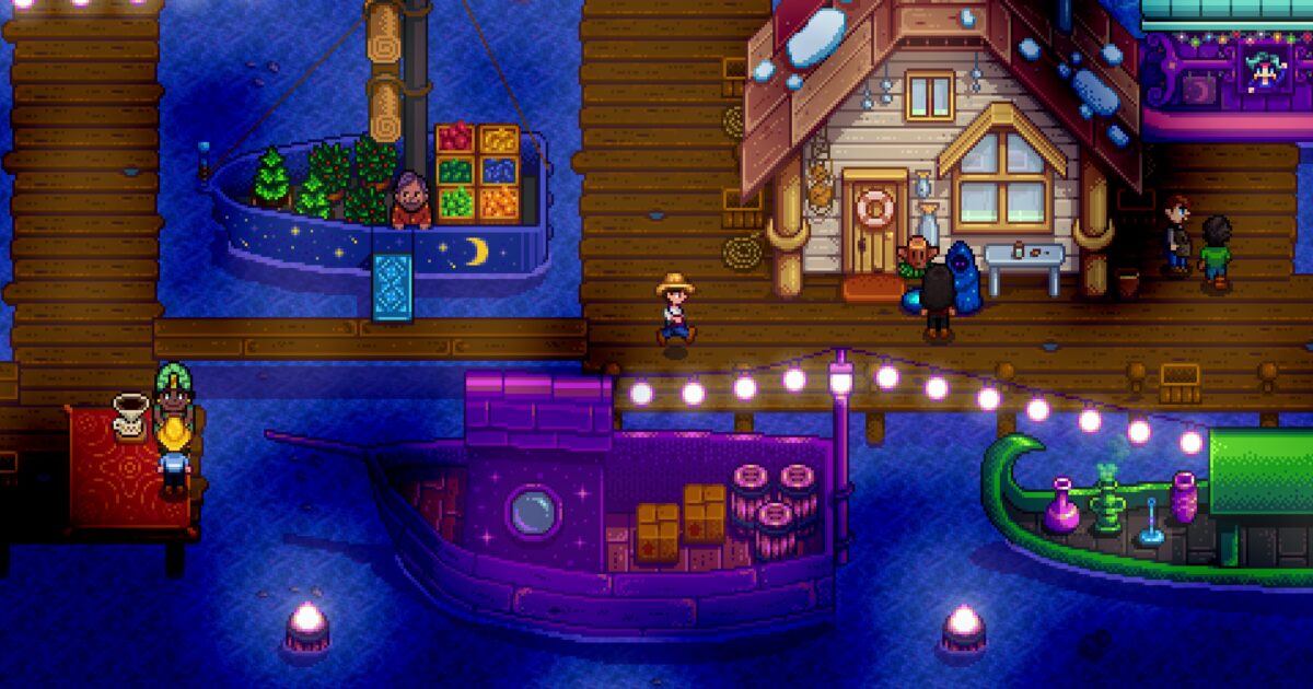 Stardew Valley Mercato notturno screenshot ufficiale Gamescafe Mercato notturno di Stardew Valley sulla spiaggia con bancarelle illuminate e barche attraccate