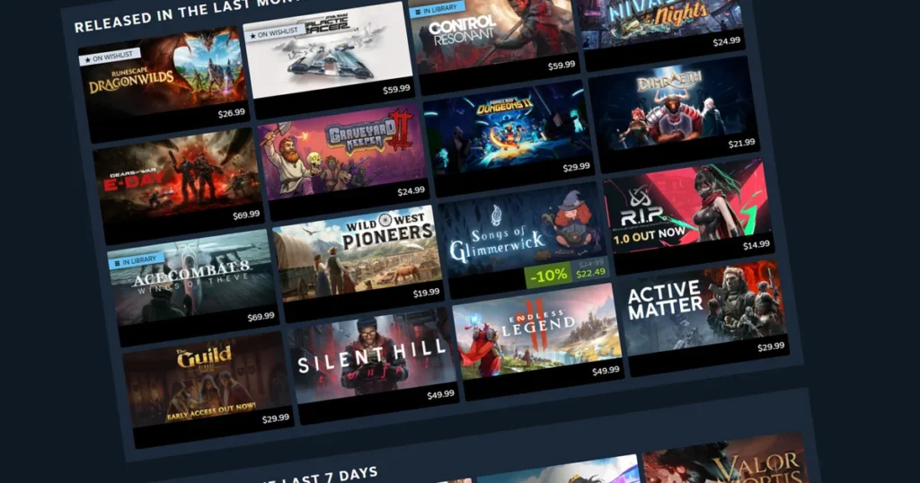Schermata di Steam con il calendario personalizzato dei giochi consigliati