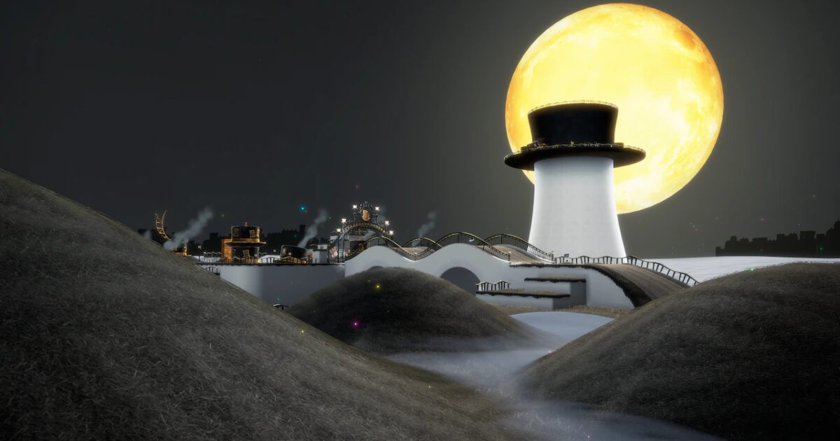 Super Mario Odyssey Regno dei Cappelli Gamescafe Panorama notturno del Regno dei Cappelli con Top Hat Tower e la luna
