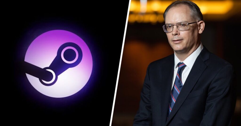 Tim Sweeney e il logo di Steam in un confronto grafico sul tema Steamworks