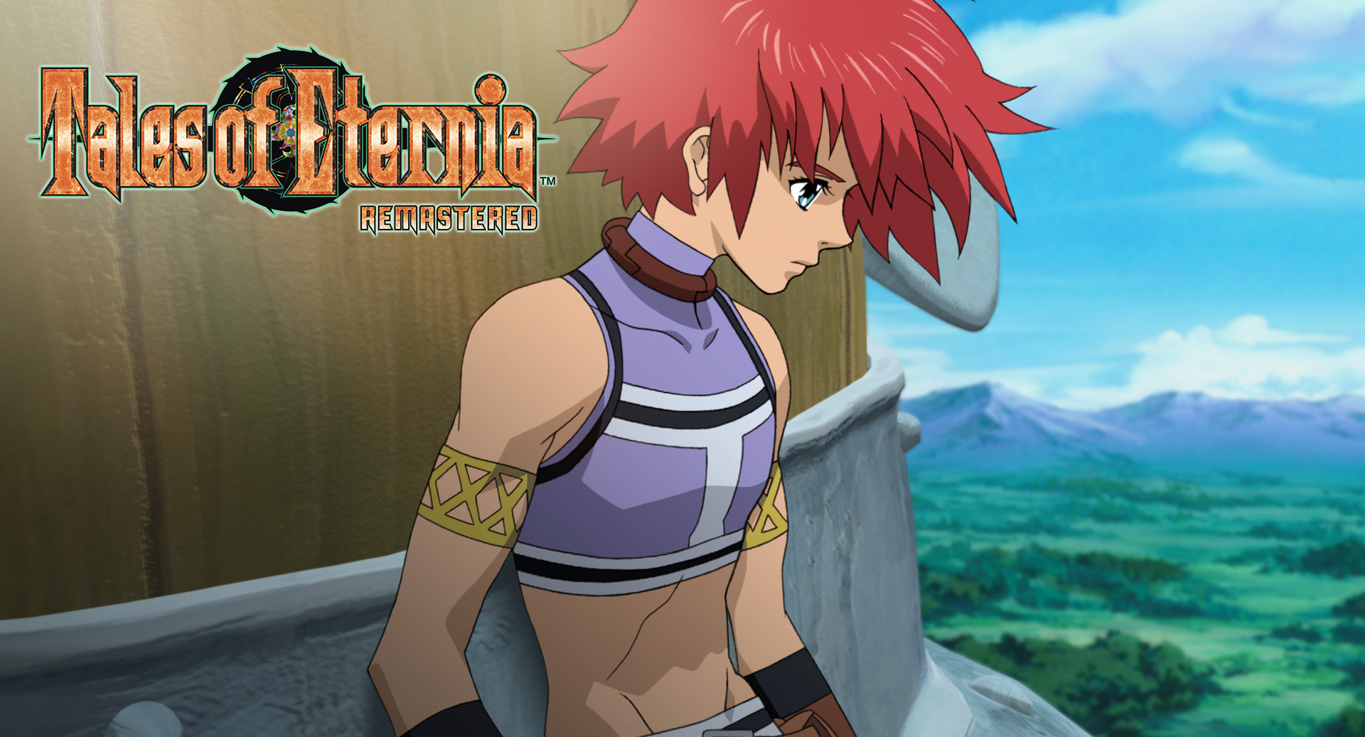 Reid Hershel davanti a un panorama di Eternia con il logo di Tales of Eternia Remastered