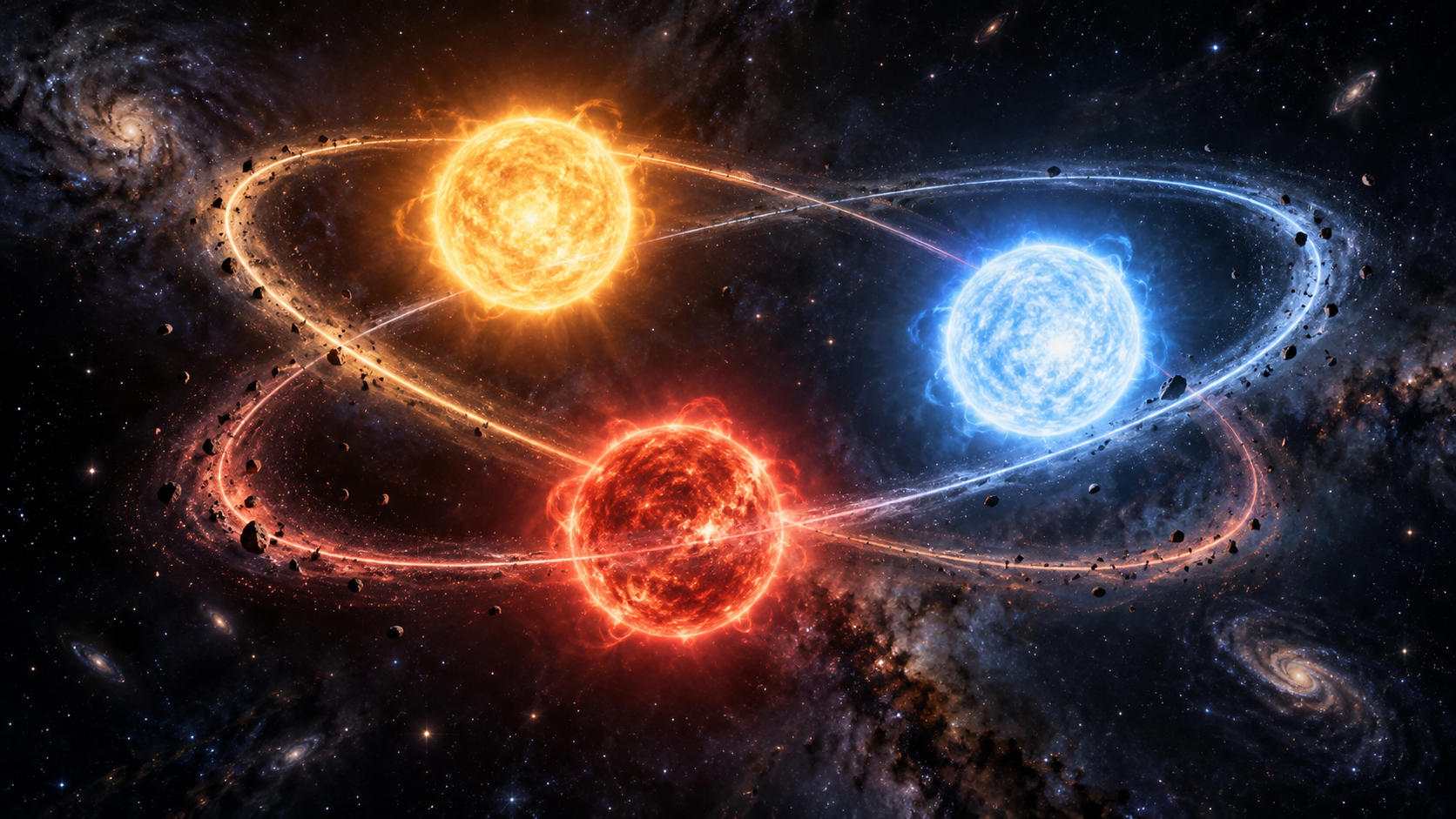 Tre stelle e orbite illustrazione editoriale AI Gamescafe Illustrazione generata con AI tre stelle colorate con orbite intrecciate nello spazio