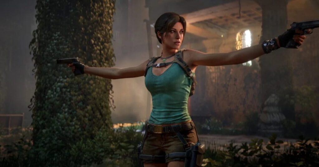 Lara Croft in un ambiente di Tomb Raider Legacy of Atlantis con atmosfera avventurosa e rovine antiche