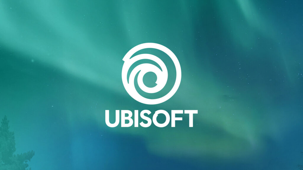 Logo Ubisoft bianco su sfondo blu e verde
