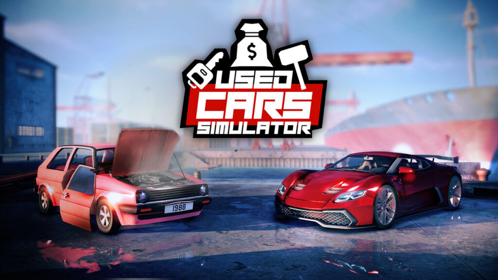 Used Cars Simulator immagine ufficiale Dreamway Games Gamescafe Logo Used Cars Simulator sopra unauto utilitaria con cofano aperto e una sportiva rossa in unarea industriale