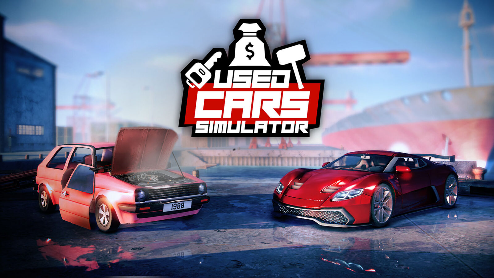 Logo Used Cars Simulator sopra unauto utilitaria con cofano aperto e una sportiva rossa in unarea industriale