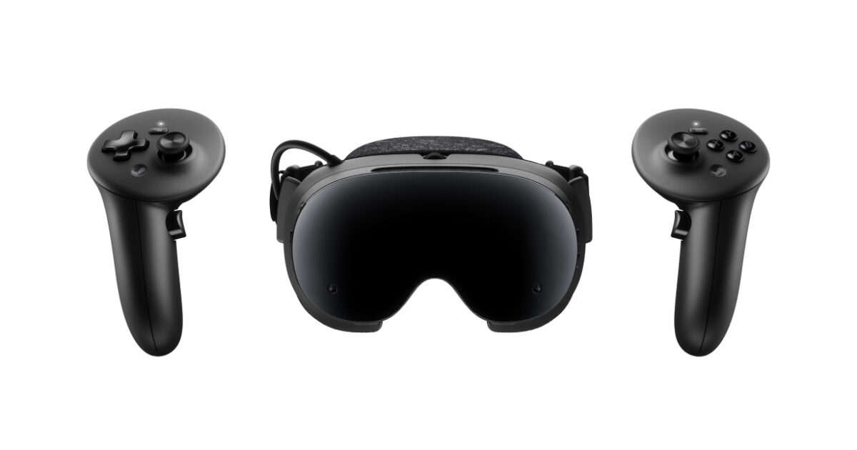 Steam Frame immagine ufficiale Valve Gamescafe Visore Steam Frame e due controller su sfondo bianco