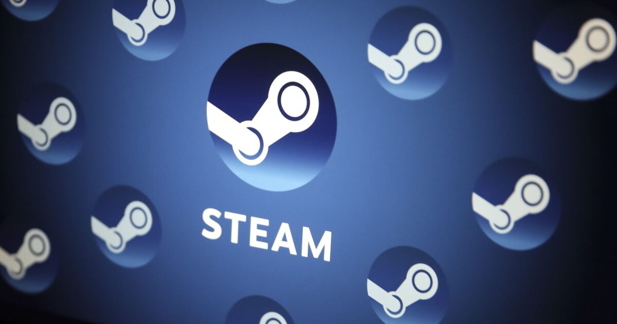 Logo Steam con un flusso di giochi e simboli legati allAI sullo sfondo
