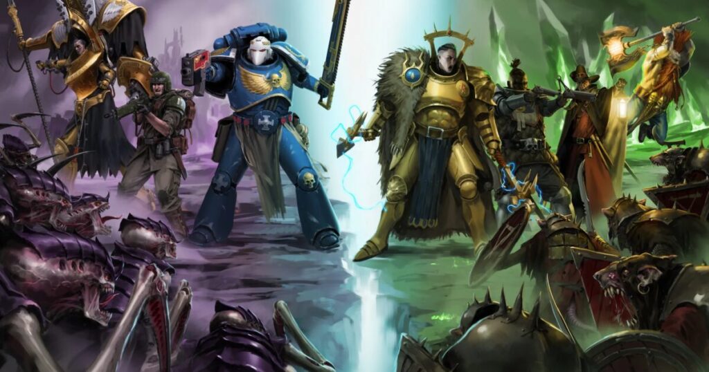 Due personaggi di Warhammer Survivors in azione tra armi futuristiche e ambientazione fantasy