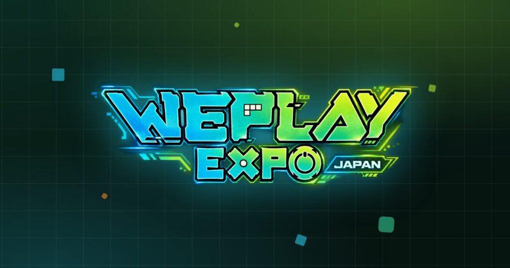 Logo WePlay Expo Japan con lettere azzurre e verdi su uno sfondo scuro a griglia