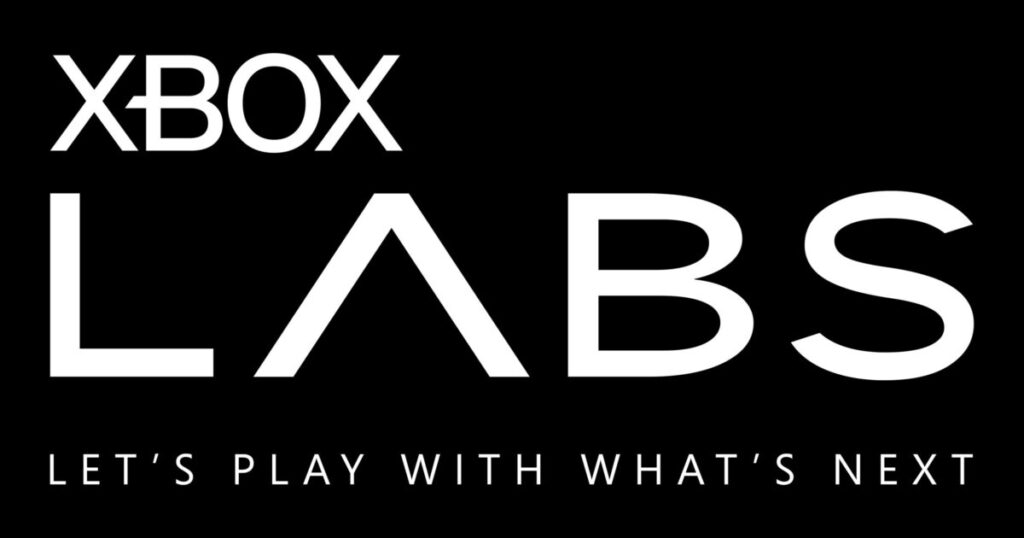 Logo Xbox Labs in bianco su fondo nero con la scritta Lets play with whats next