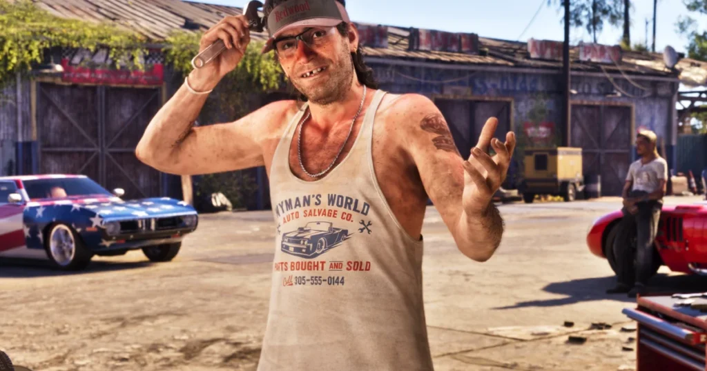 Un uomo con cappellino occhiali da sole e canottiera in unofficina nello screenshot di GTA 6